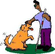 Cartoon guy with white cane & dog