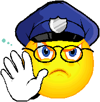 Cartoon policeman frowning and holding hand up